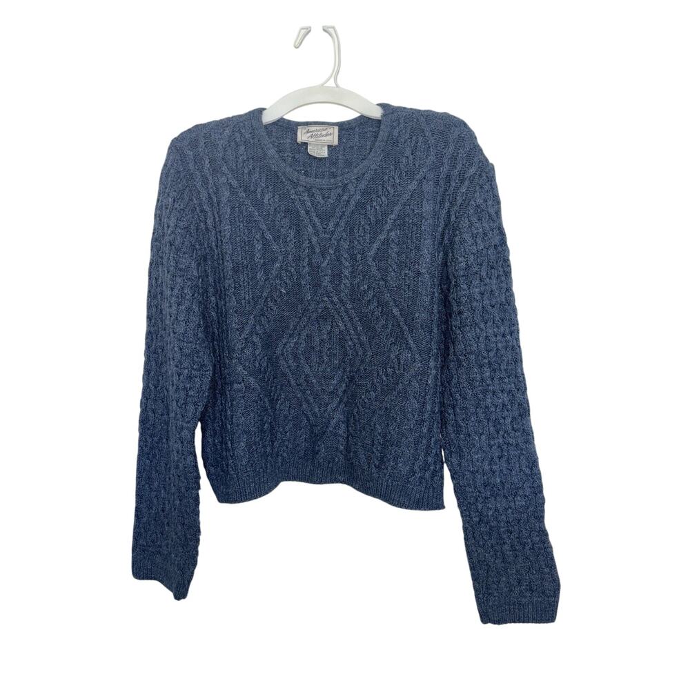 Vtg 90s Blue Boxy Fit Cable Knit Fisherman Sweater USA Made M/L Crewneck